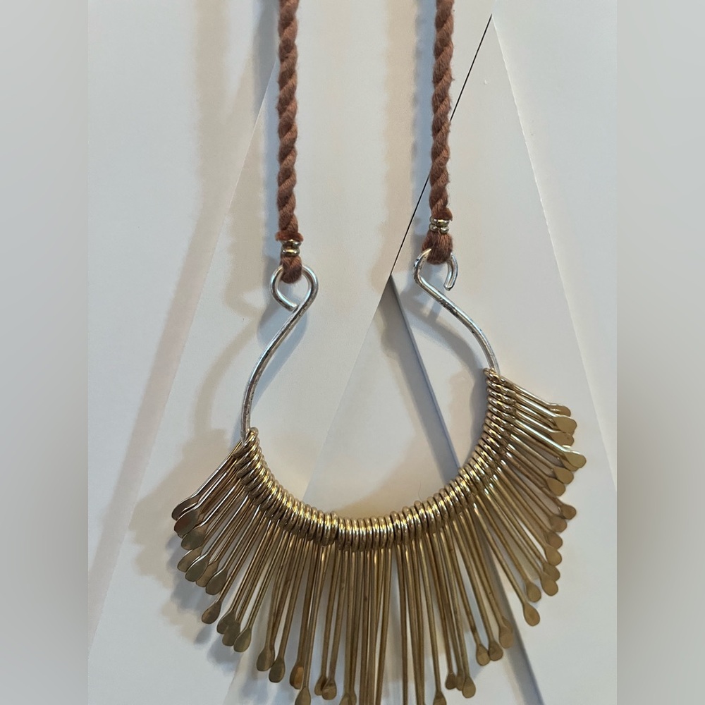Artisan Boho Collar Necklace Brass Fringe Crescent Anthropologie Style - Picture 4 of 7